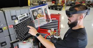 Seorang teknisi memakai kacamata AR dengan informasi digital seperti diagram atau instruksi yang terlihat di bidang pandangnya.