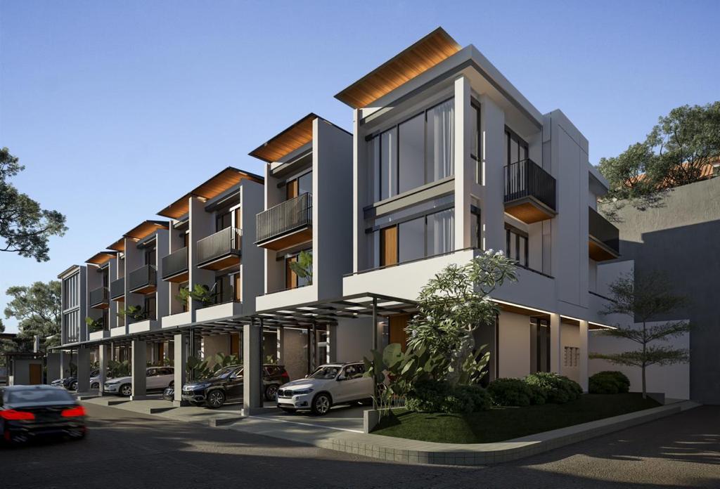 Gambar fasad townhouse modern di tengah kota.