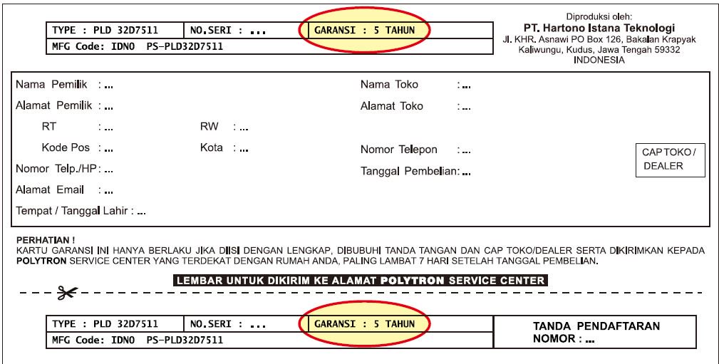 Sertifikat garansi produk TV