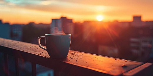 Secangkir kopi hangat di meja cafe dengan sinar matahari pagi.