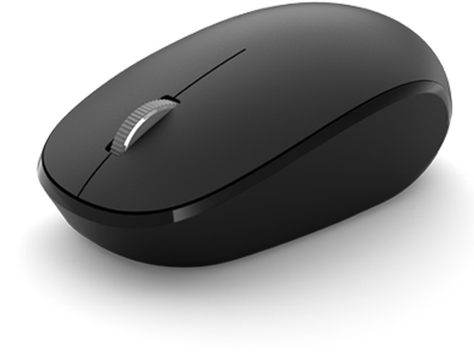 Gambar mouse nirkabel ramping multi-perangkat di atas meja, dengan ikon atau isyarat visual halus yang menunjukkan kemampuannya untuk terhubung ke beberapa perangkat seperti laptop, tablet, dan smartp