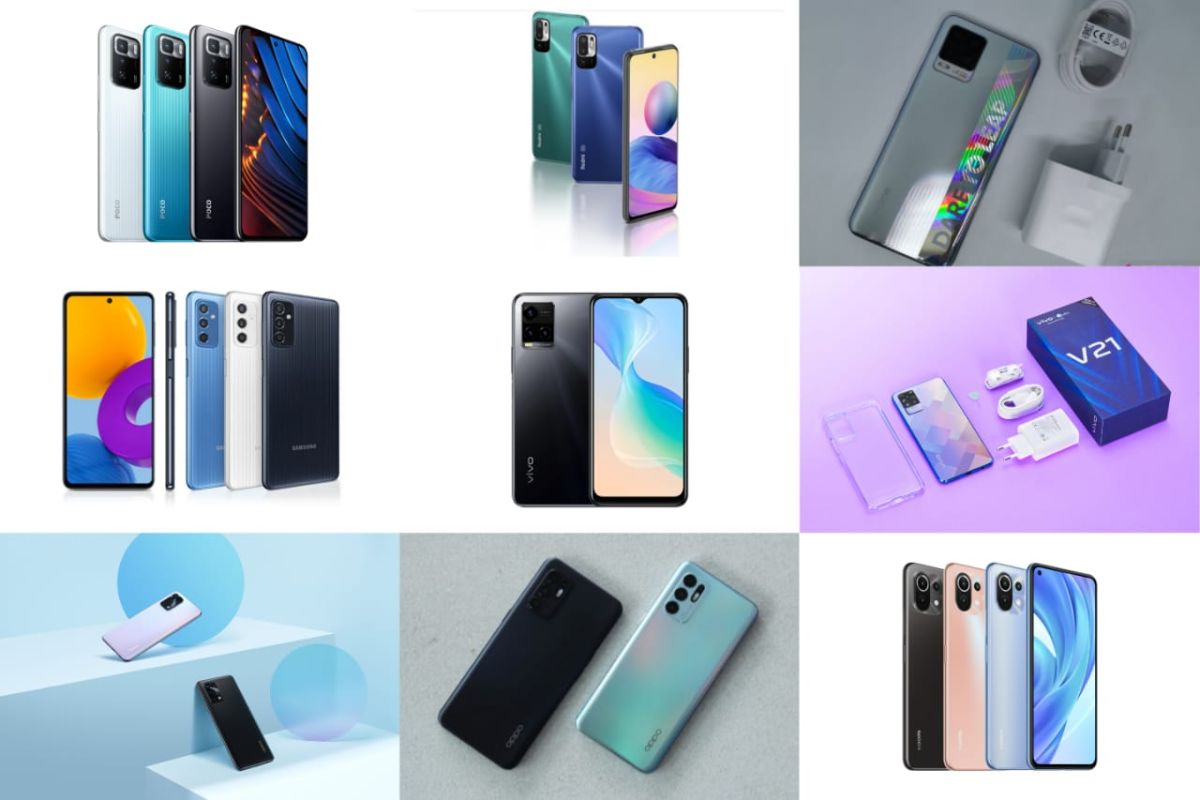 Barisan smartphone mid-range dengan berbagai warna cerah di etalase toko.