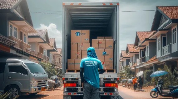 Tim jasa pindahan sedang mengangkut kardus-kardus besar dari truk ke dalam rumah baru.