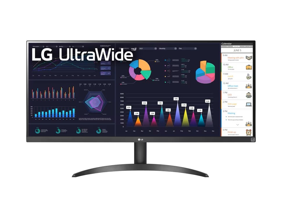 Gambar monitor LG UltraWide menampilkan beberapa jendela yang terbuka secara berdampingan (misalnya, spreadsheet, editor kode, dan browser web), menekankan ruang kerja horizontalnya yang luas.