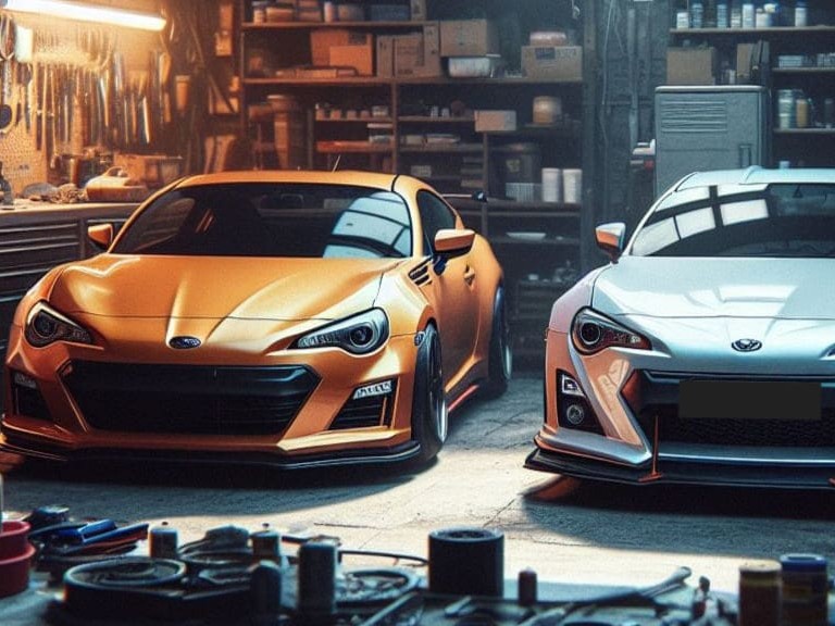 Gambar Subaru BRZ atau Toyota GR86 diparkir secara dinamis di jalan yang indah atau lingkungan perkotaan, menonjolkan desain sporty dan posisi performanya.