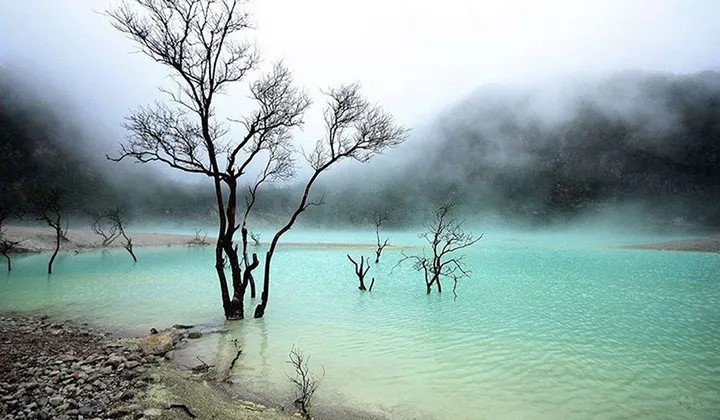 Pemandangan Kawah Putih Ciwidey dengan danau kawah berwarna putih kehijauan.