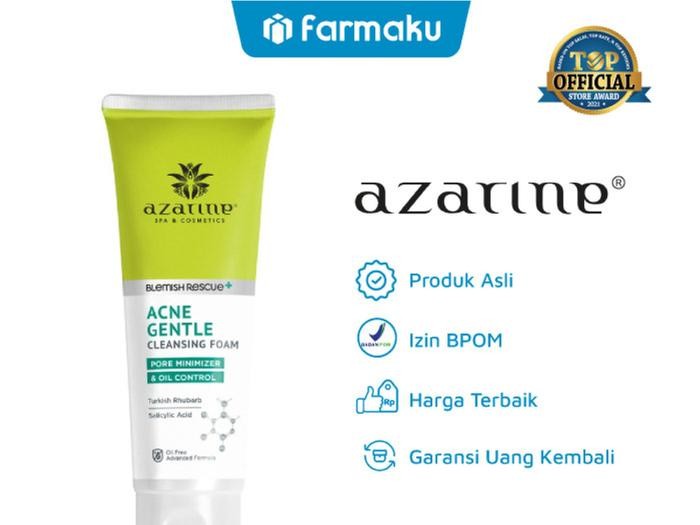 Gambar tube Azarine Acne Gentle Cleansing Foam dengan desain estetika bersih dan medis, mungkin dengan grafik molekul asam salisilat samar atau tekstur yang menonjolkan busa, dengan latar belakang sam