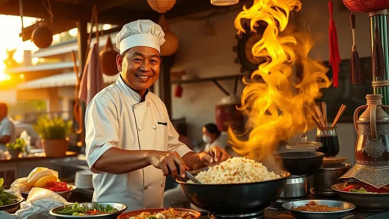Chef sedang menunjukkan cara menumis bumbu kepada peserta kelas memasak dengan wajan besar.
