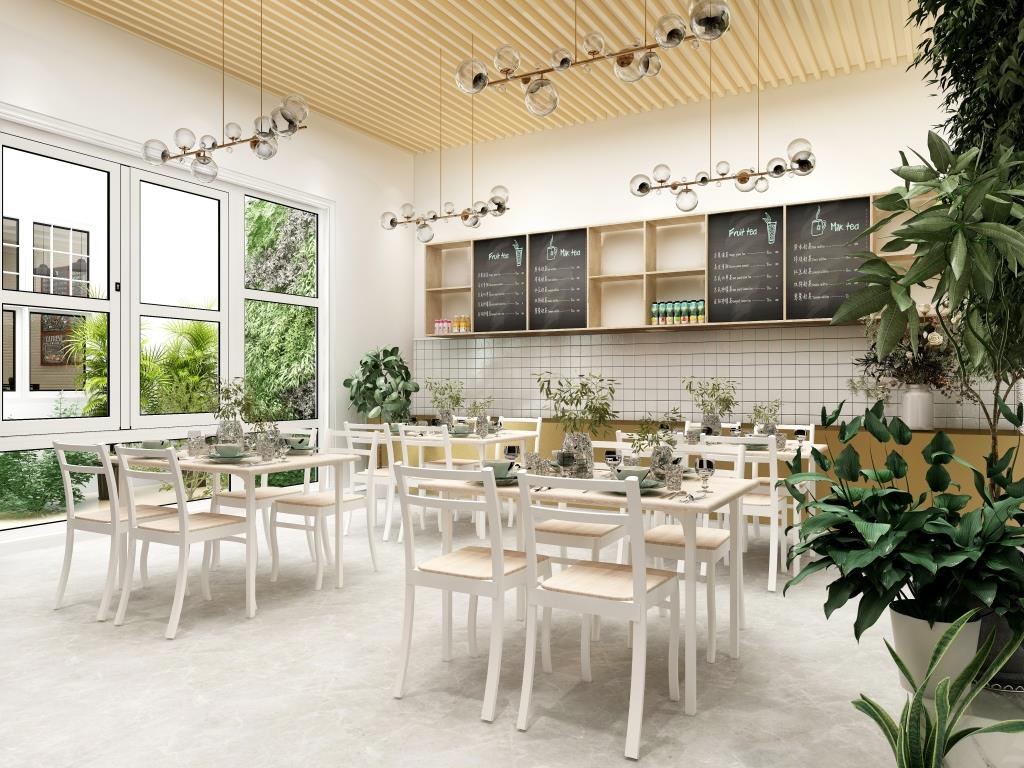 Interior kafe dengan desain minimalis dan pencahayaan alami yang estetik.