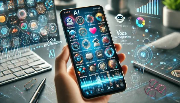 Tangan memegang ponsel yang menampilkan aplikasi edukasi berbasis AI di layarnya, dengan grafik dan teks informatif.