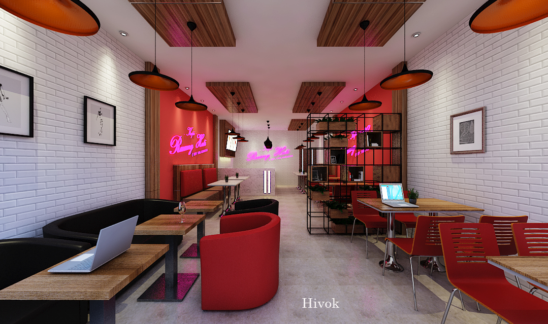 Gambar interior kafe modern minimalis dengan orang-orang membaca dan minum kopi.