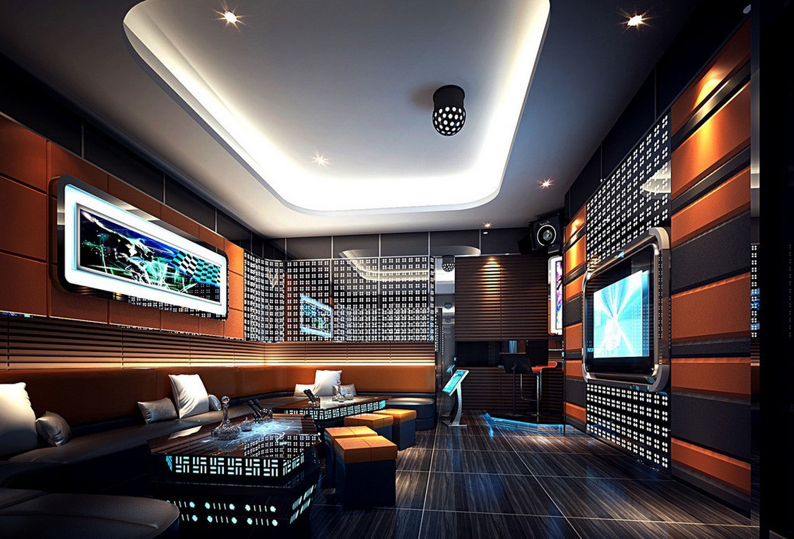 Interior ruangan karaoke futuristik dengan proyeksi 360 derajat menampilkan pemandangan luar angkasa di Grand Karaokehall.