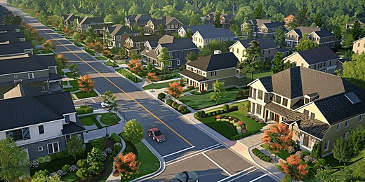 Gambar jalanan perumahan modern yang bersih di area perkotaan.