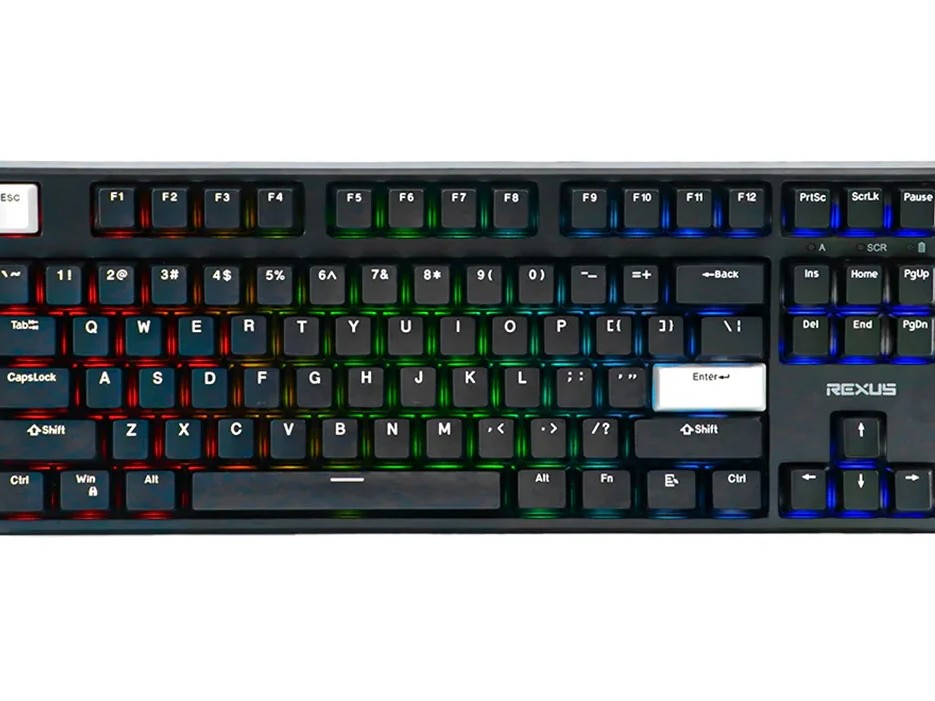 Gambar keyboard mekanik berukuran penuh yang secara menonjol menampilkan tombol multimedia khusus dan penggulir volume, menunjukkan kemudahan kontrol atas audio dan video.