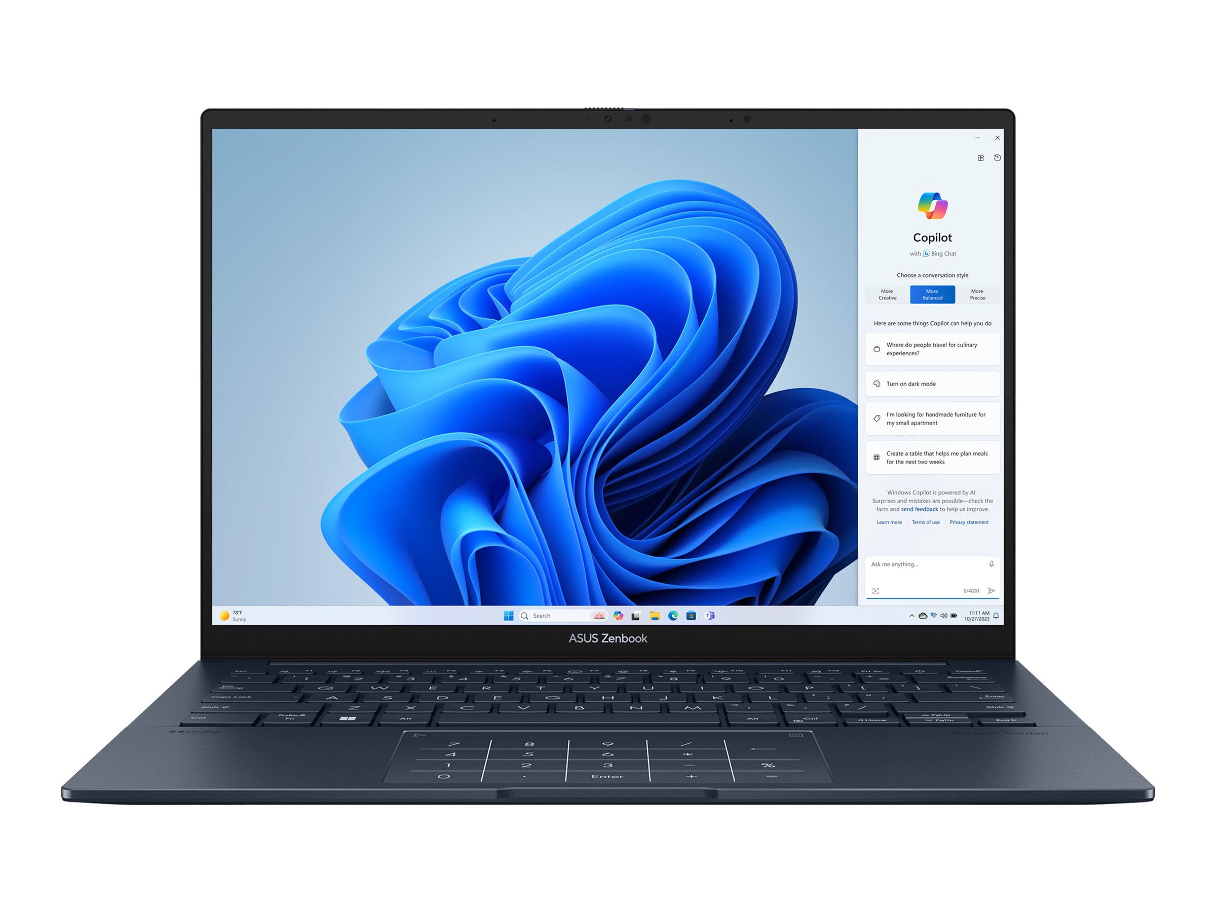 Gambar ASUS ZenBook 14 OLED atau ExpertBook B9 dengan keyboard disorot, mungkin di ruang kerja profesional, menonjolkan desain ergonomisnya, dengan latar belakang samar Kuningan City Jakarta Selatan.