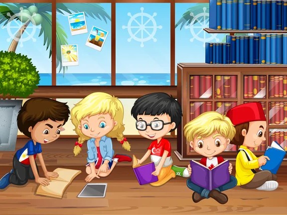 Gambar bagian perpustakaan anak yang penuh warna dengan anak-anak membaca.