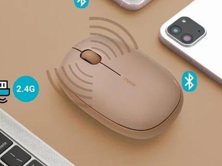 Gambar mouse nirkabel yang ramping dan ergonomis di atas meja bersih dengan laptop, menonjolkan tampilan profesional dan bebas kabel.