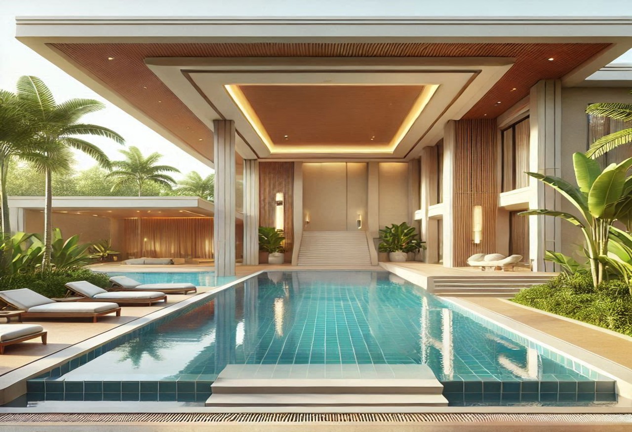 Kolam renang pribadi yang indah di sebuah villa mewah, dengan suasana yang tenang dan eksklusif.