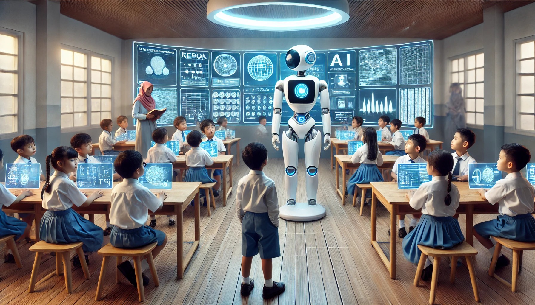 Anak-anak di ruang kelas yang cerah, berinteraksi dengan bahan-bahan seni atau robot sederhana, suasana kreatif dan gembira.