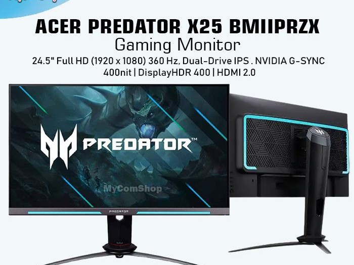 Gambar monitor Acer Predator X25 atau monitor esports serupa yang menampilkan game FPS kompetitif, dengan blur gerakan diminimalkan, menekankan ketajaman objek bergerak cepat dan pengaturan gamer yang