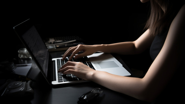 Tangan sedang mengetik di keyboard laptop, 