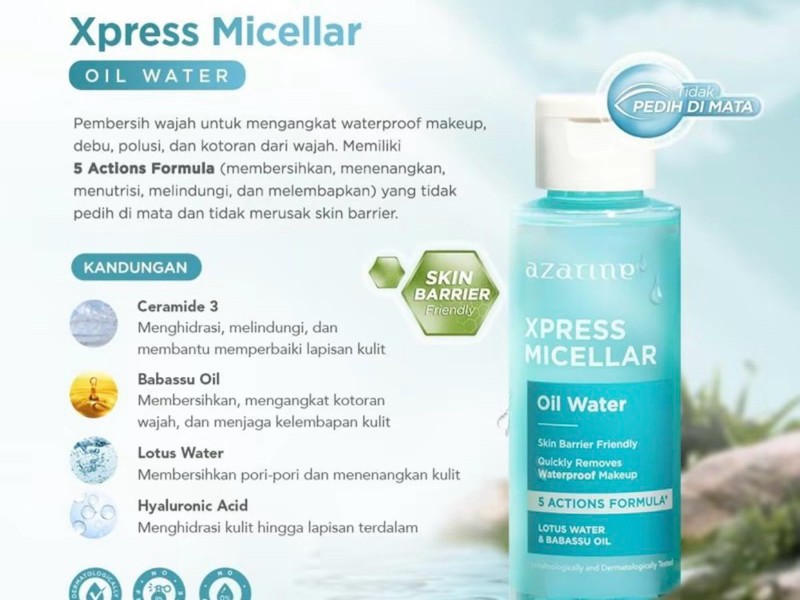 Gambar botol Azarine Hydrasoothe Micellar Water dengan estetika segar dan alami, mungkin dengan daun teh hijau atau molekul antioksidan samar, menonjolkan sifat pelindung dan menenangkannya, dengan la