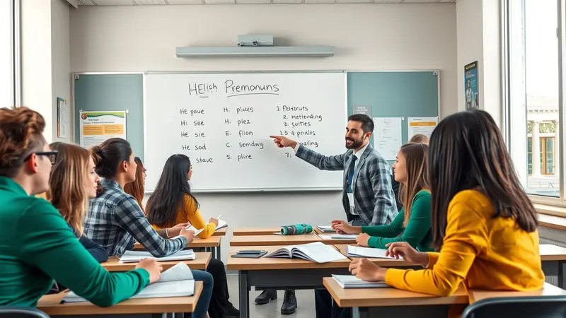 Sekelompok profesional sedang berdiskusi dalam Bahasa Inggris di ruang kelas yang modern.