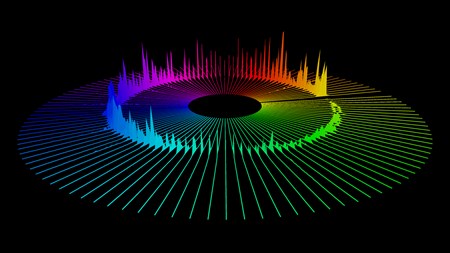 Layar ponsel menampilkan visualizer musik dengan gelombang suara yang memancar keluar, menggambarkan audio imersif.