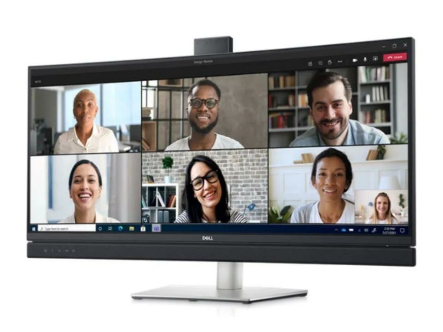 Gambar monitor Dell Video Conferencing di meja kantor rumah, dengan webcam pop-up yang diperpanjang, menampilkan panggilan video di layar, menekankan kemampuan WFH all-in-one-nya.