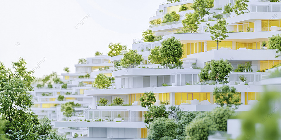 Gambar kompleks perumahan modern dengan rumah-rumah kontemporer dan taman hijau.