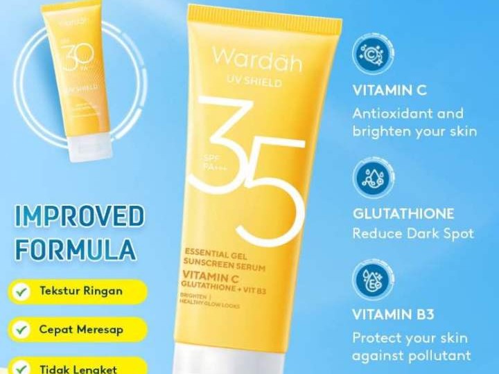 Gambar tube Wardah UV Shield Essential Sunscreen Gel, menonjolkan estetika lembut dan bersihnya, mungkin dengan daun kecil atau tetesan air untuk melambangkan kelembutan, dengan latar belakang samar Y