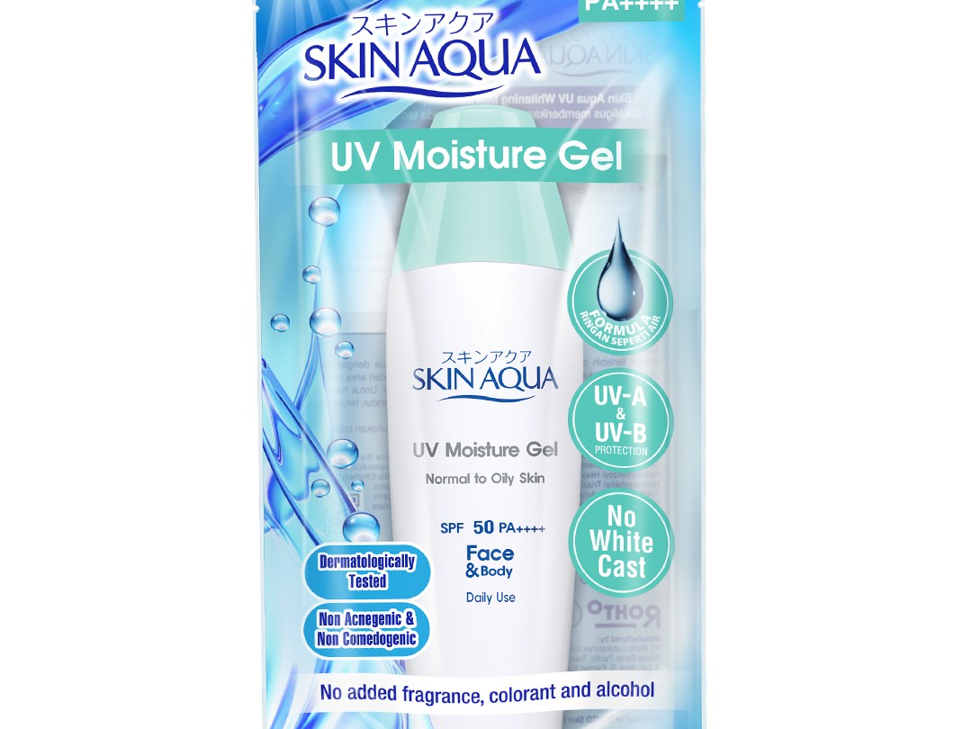 Gambar botol Skin Aqua UV Moisture Gel, dengan estetika bersih dan segar, mungkin dengan tetesan air samar atau daun kecil untuk melambangkan ringan dan lembut, dengan latar belakang samar Bandung.