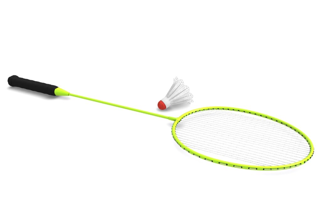 Raket badminton yang terlihat ramping dan ringan, fokus pada bagian shaft atau frame yang aerodinamis.