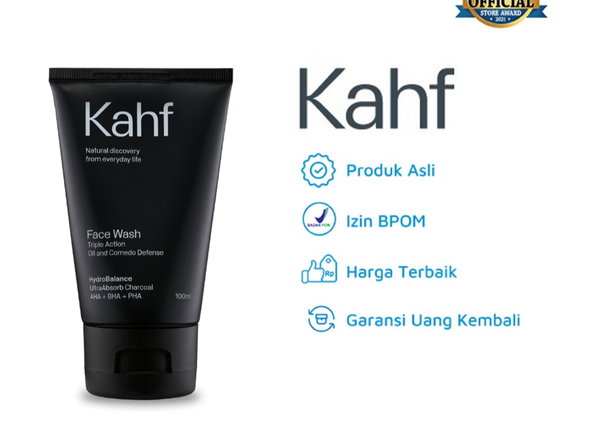 Gambar tube Kahf Triple Protection Face Wash dengan desain maskulin dan ramping, mungkin dengan grafik samar kontrol minyak atau kesegaran, menonjolkan manfaatnya untuk kulit berminyak pria, dengan la