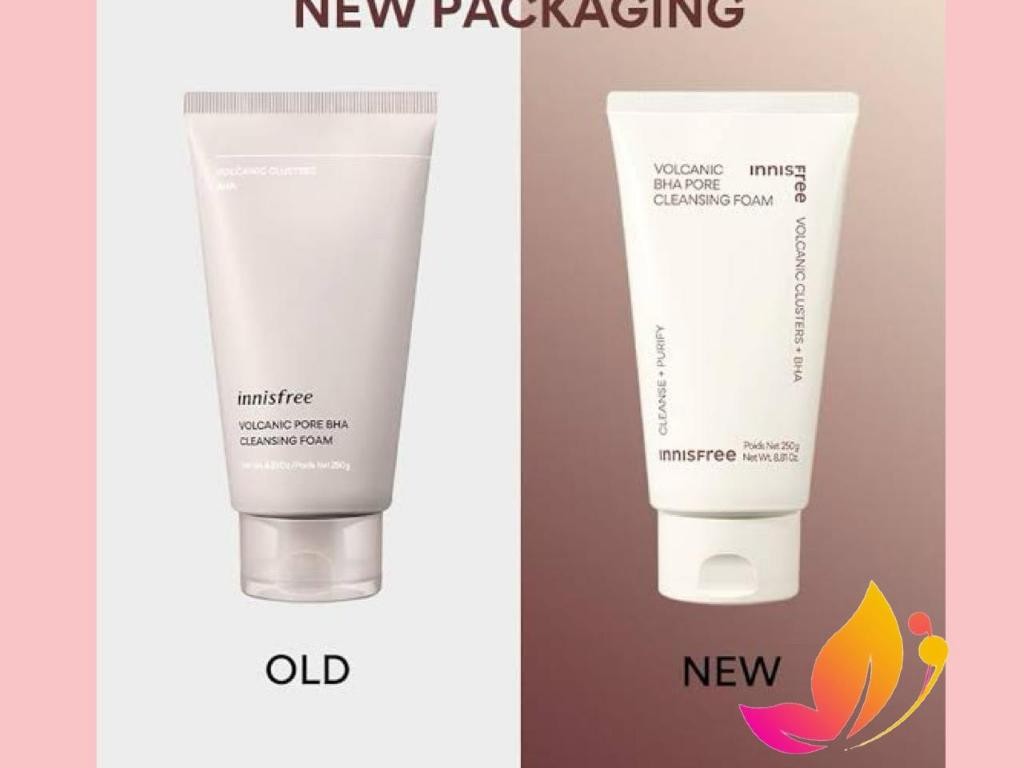 Gambar tube Innisfree Super Volcanic Pore Micellar Foam dengan estetika alami dan nuansa tanah, menonjolkan bahan dasar tanah liat vulkanik dan sifat pembersih porinya, mungkin dengan tekstur batu vul