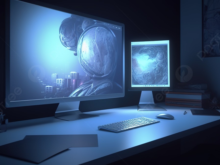 Gambar monitor seri Gigabyte M di atas meja, dengan dua tower komputer yang samar-samar terlihat di latar belakang, dan kabel-kabel yang tertata rapi di sekitar monitor, menekankan fungsionalitas KVM 