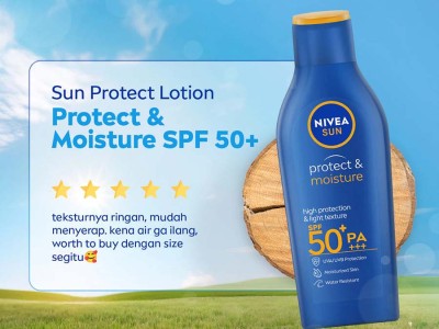 Gambar botol NIVEA Sun Protect & Moisture di samping cipratan air atau tetesan keringat, menonjolkan ketahanan air dan keringatnya, dengan latar belakang samar suasana luar ruangan yang cerah di S