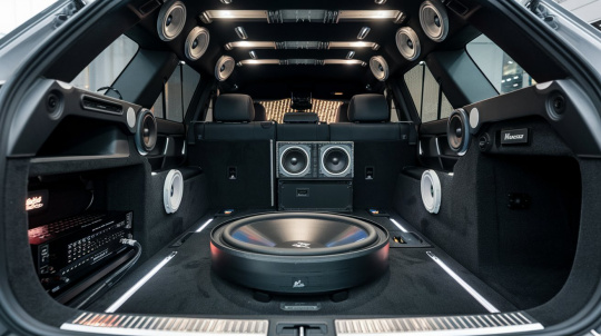 Interior mobil dengan sistem audio yang sudah dimodifikasi, tampak speaker dan subwoofer yang rapi.