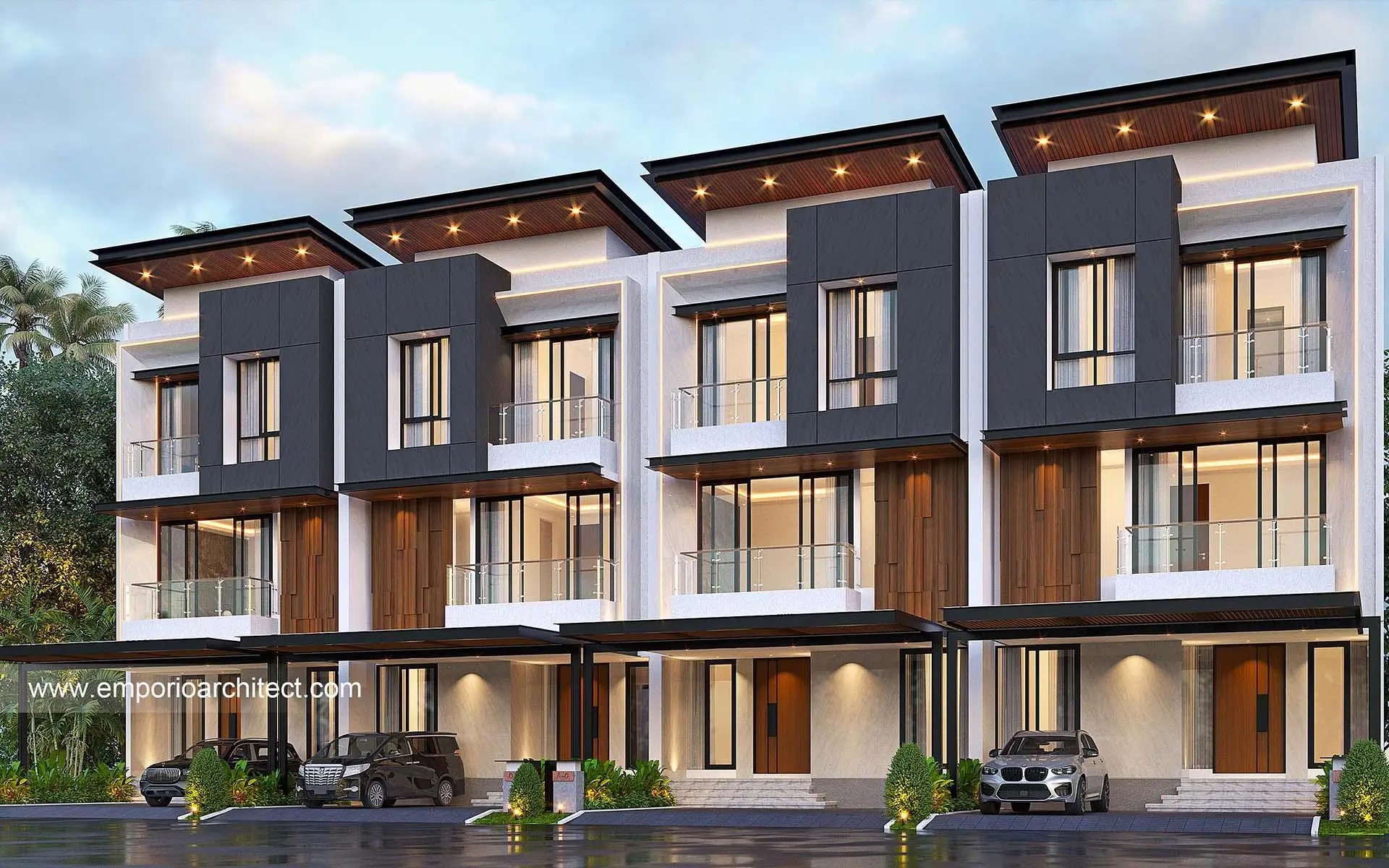 Gambar rumah modern minimalis dikelilingi taman hijau yang rimbun.