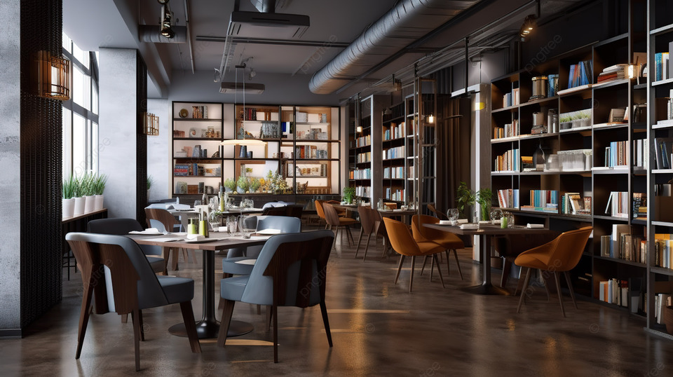 Gambar interior kafe yang nyaman dengan kursi berlengan dan rak buku.