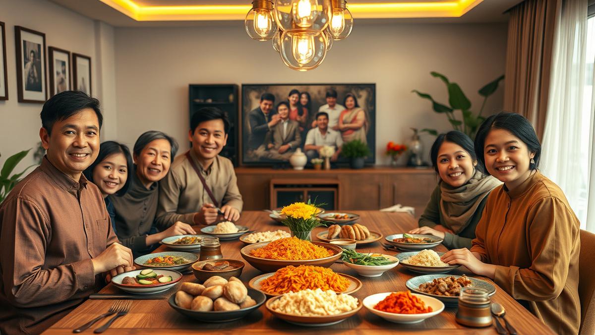 Keluarga sedang makan bersama di meja bundar di restoran dengan suasana hangat dan nyaman.