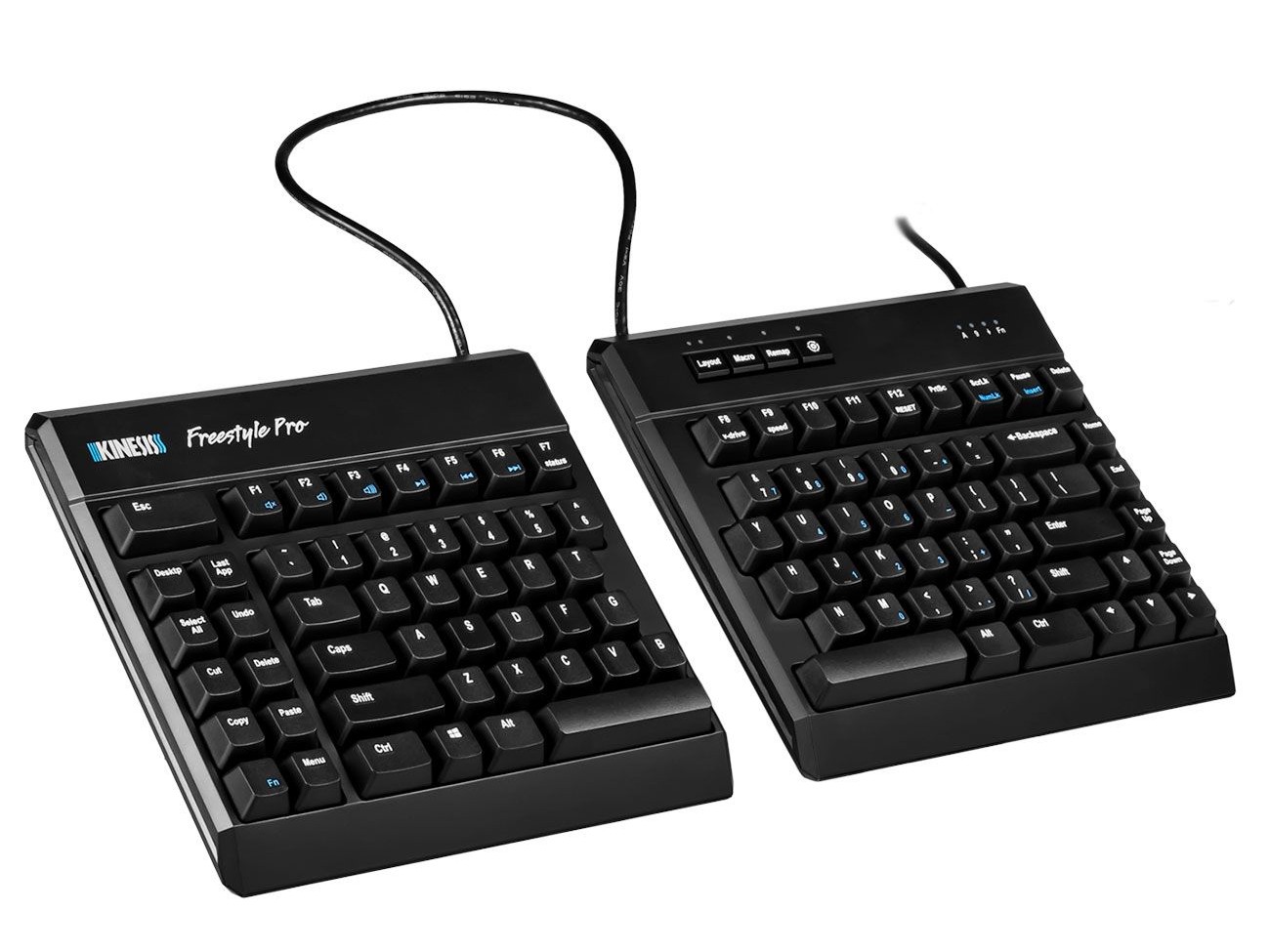 Gambar keyboard ergonomis terpisah Kinesis Freestyle Pro dengan kedua bagiannya terpisah dan miring, menunjukkan bagaimana tangan pengguna dapat beristirahat secara alami dan nyaman saat mengetik.