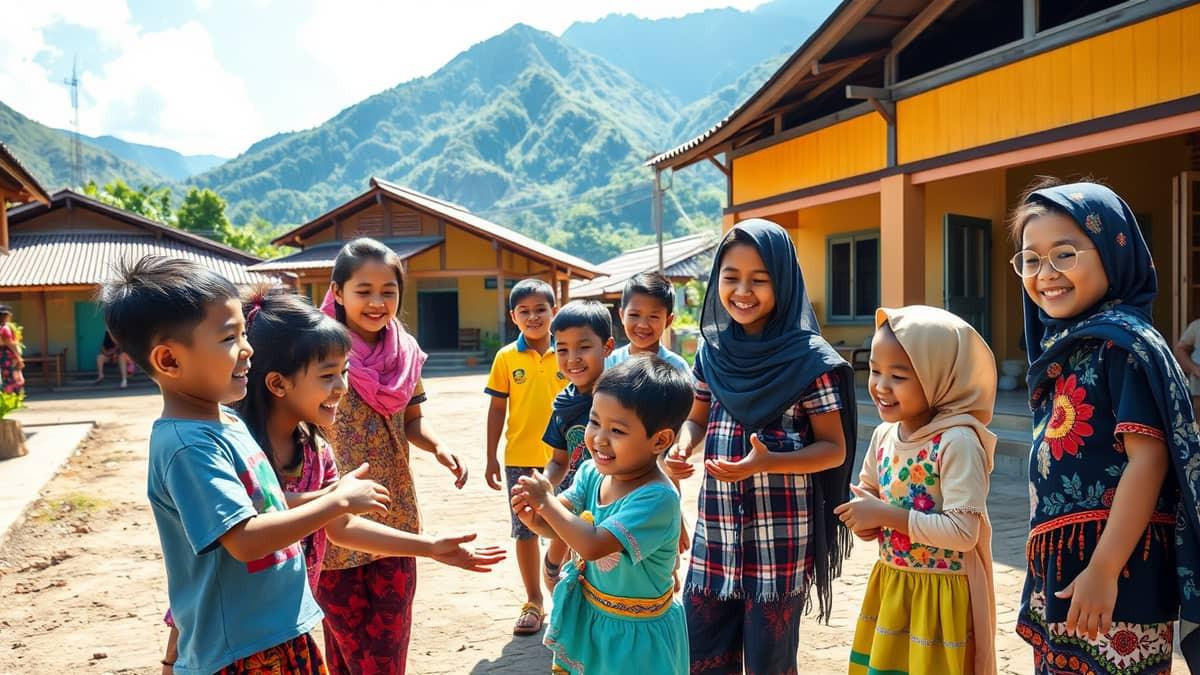 Seseorang sedang berbicara akrab dengan sekelompok warga di lingkungan pedesaan atau perkampungan, dengan latar belakang media sosial.