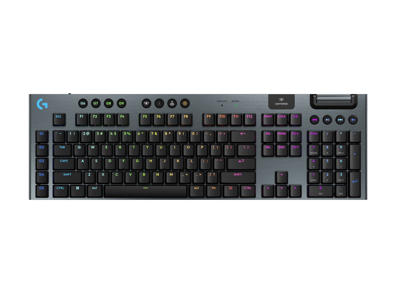 Gambar keyboard gaming nirkabel Logitech G915 LIGHTSPEED di meja kerja yang gelap dan futuristik, dengan pencahayaan RGB yang bersinar, menekankan kebebasan nirkabel dan nuansa berteknologi tinggi.