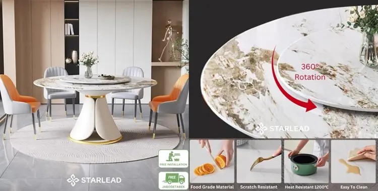 Meja makan bulat kecil di ruang makan apartemen