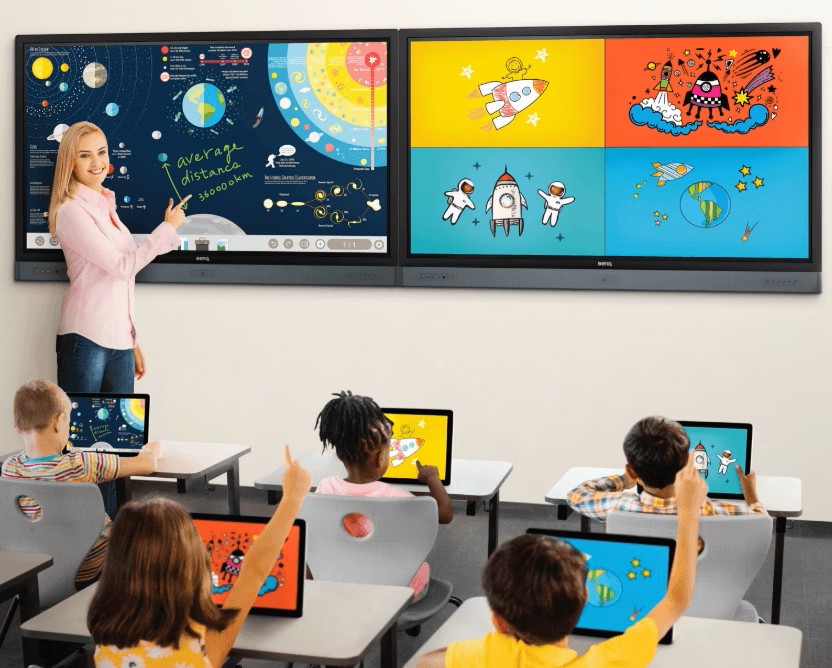 Gambar siswa-siswi menggunakan tablet atau laptop dalam kelas yang dilengkapi papan pintar interaktif.