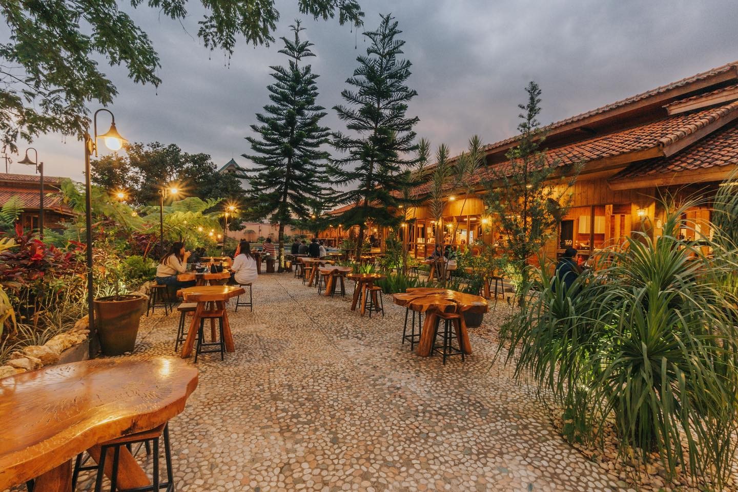 Area outdoor cafe dengan meja kursi di bawah pepohonan hijau yang rindang.