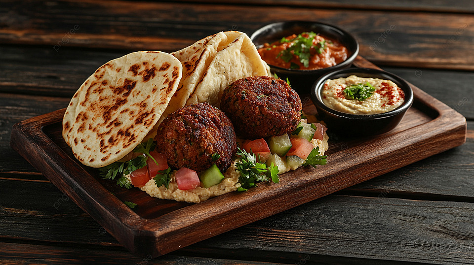 Piring berisi hummus, falafel, dan roti pita yang disajikan di restoran Timur Tengah.