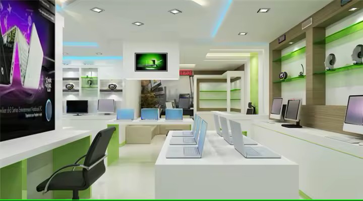 Interior toko komputer dengan display berbagai laptop dan komponen PC.