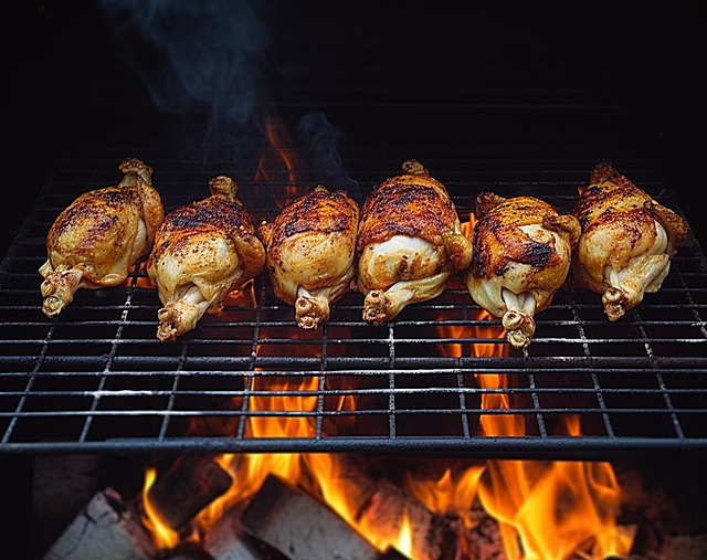 Potongan ayam yang sedang dibakar di atas bara api kayu bakar, dengan asap mengepul.